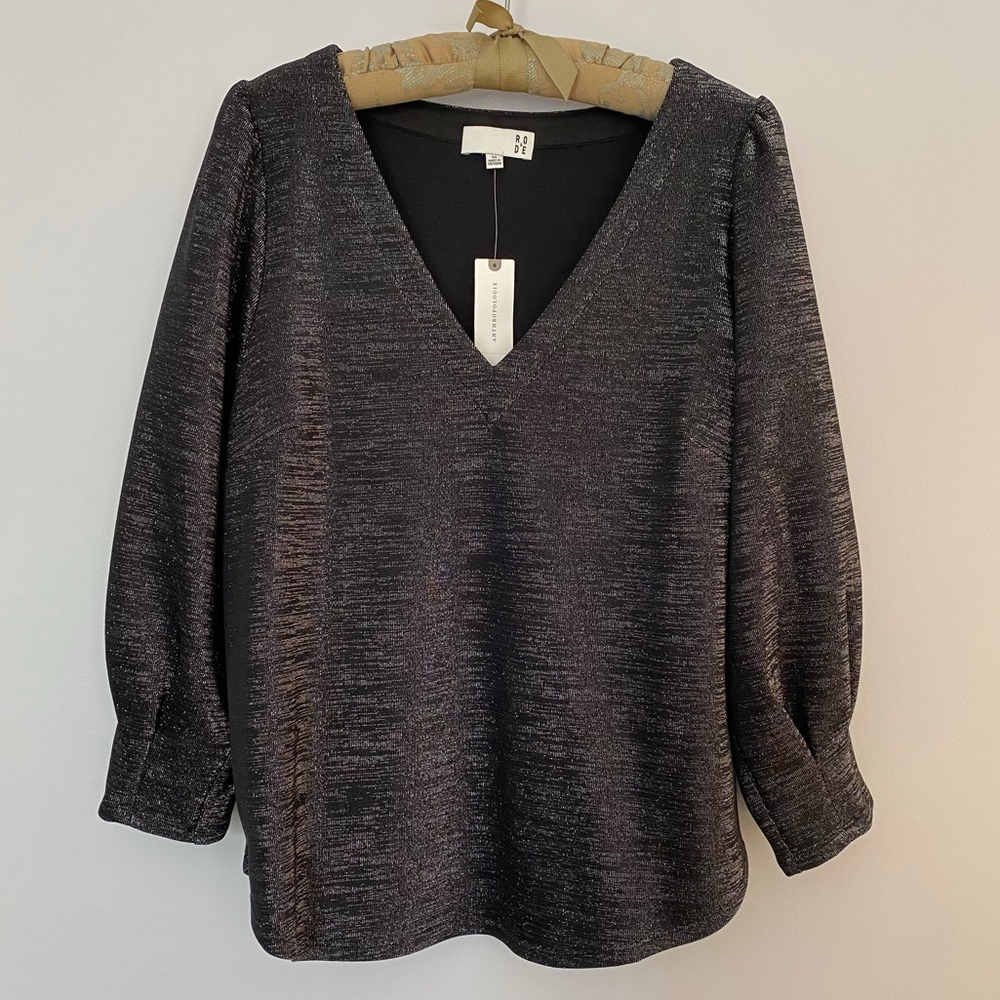 Ro & De Anthropologie Navy Metallic Blouse NWT